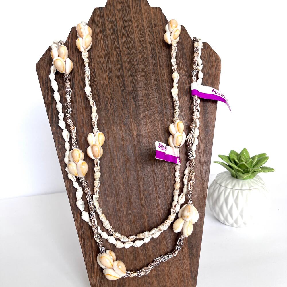 Three Vintage Hawaiian Shell Necklaces Cowrie Puka Hilo Hatties Costal Beachy